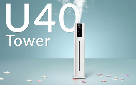 Umidificator AlecoAir U40 Tower White, WiFi, Lampa UV-C, Higrostat, Lumini ambientale, Vapori calzi, Aromaterapie