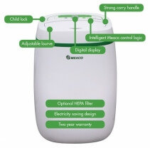 Dezumidificator si purificator cu consum redus de energie Meaco UK12L, 12 l / zi, 100 mc/ h, Pentru 30mp, Higrostat, Timer