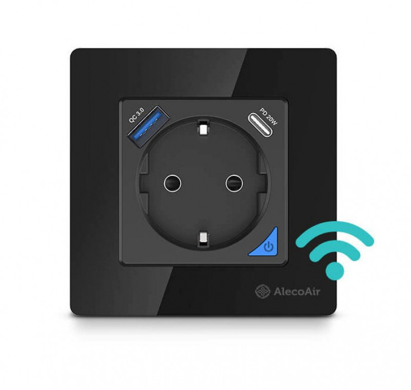Resigilat - Priza de perete cu WiFi AlecoAir G40 Black Control vocal asistenti digitali Telecomanda USB-A USB-C Programare